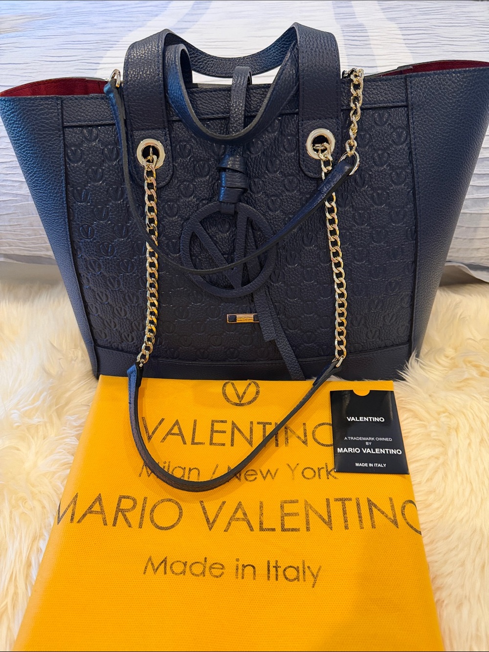 Mario Valentino Navy Pebbled Leather Tote with Gold Chain Straps